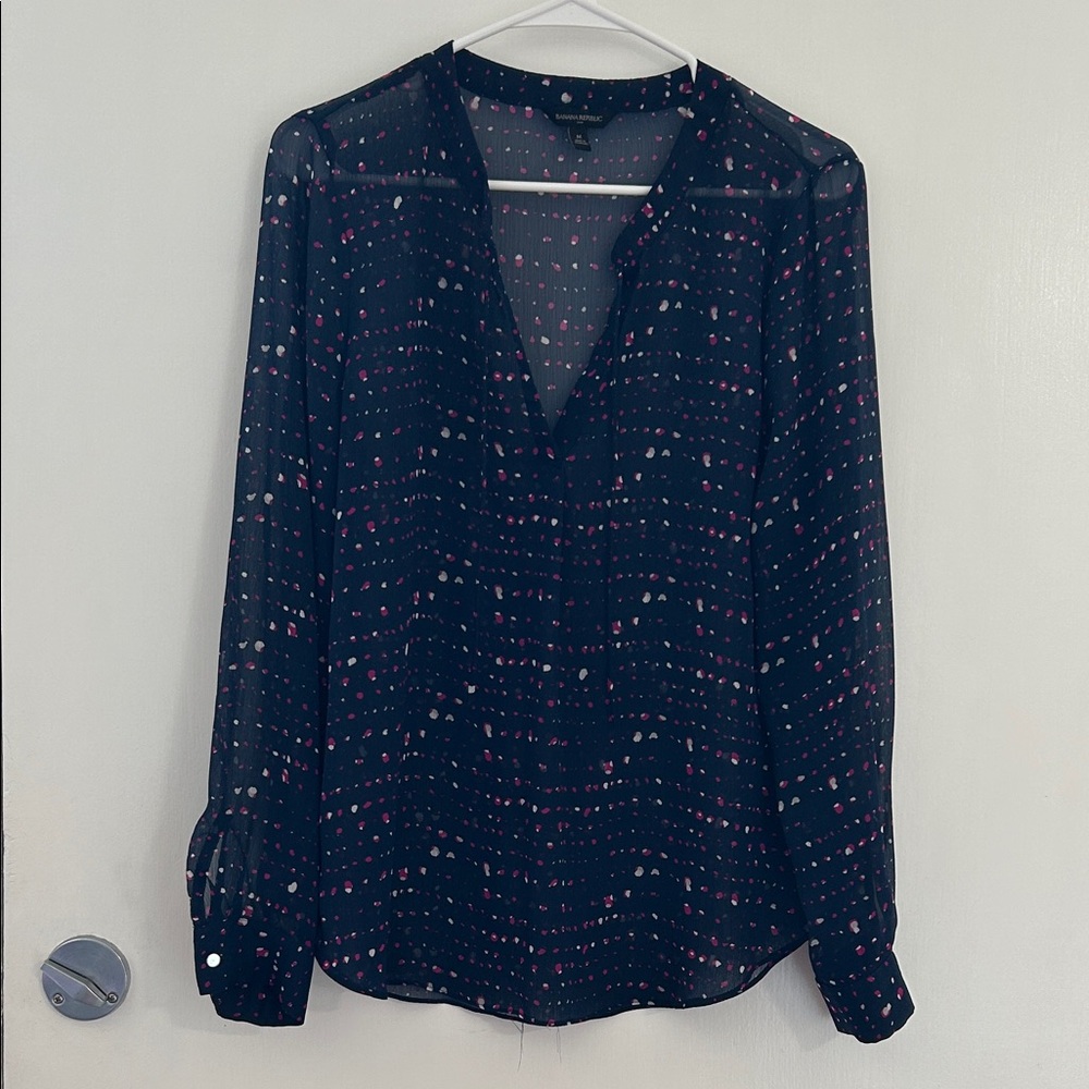 Banana Republic Black Blouse with Pink and White Dots